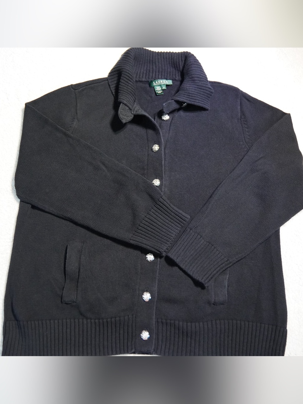 Lauren Ralph Lauren Black Cotton Knit Cardigan Silver Crest Buttons Size 2X